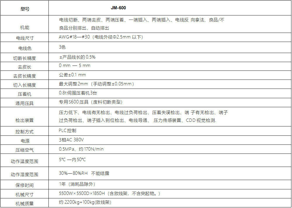 汽車線束加工設備-技術參數